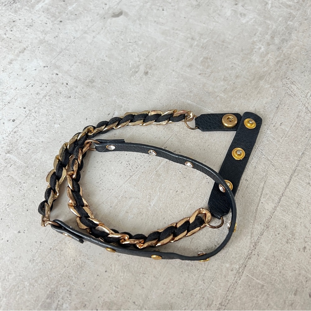 Black and Gold Wrap Bracelet, Rhinestone and Faux Leather